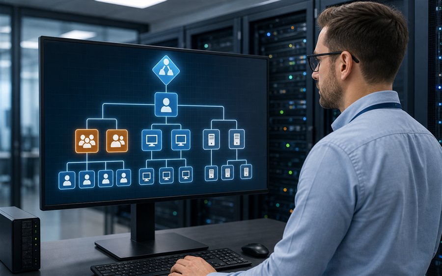 Administrator betrachtet eine Active-Directory-Hierarchie mit Benutzern, Gruppen, Computern und Servern