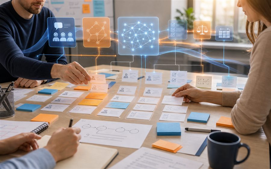 Kreatives Kursbild zu AI in Requirements Engineering mit User Stories, Stakeholder-Interviews und KI-Analyse