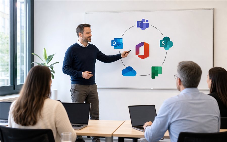 Referent erklärt Microsoft 365 und Teams Administration im Klassenraum