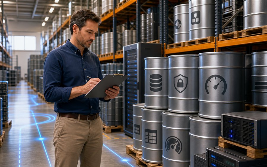 Administrator mit Klemmbrett macht Inventur in einem Lagerhaus mit SQL-Datentonnen