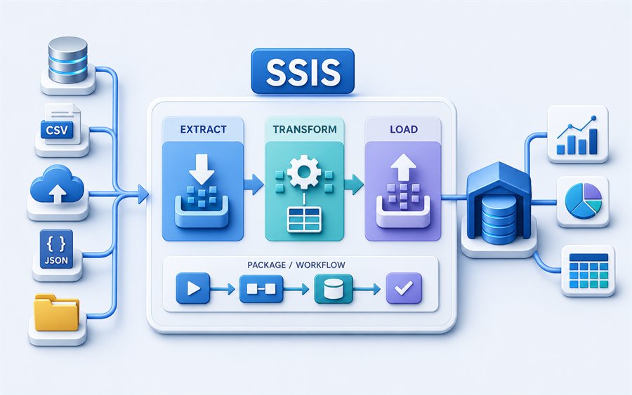 Konzeptionelle Grafik: SQL Server Integration Services verarbeitet Datenquellen über ETL in ein Data Warehouse