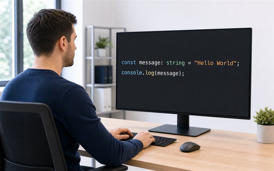 Softwareentwickler an leerem Schreibtisch mit TypeScript Hello World Code auf schwarzem Monitor