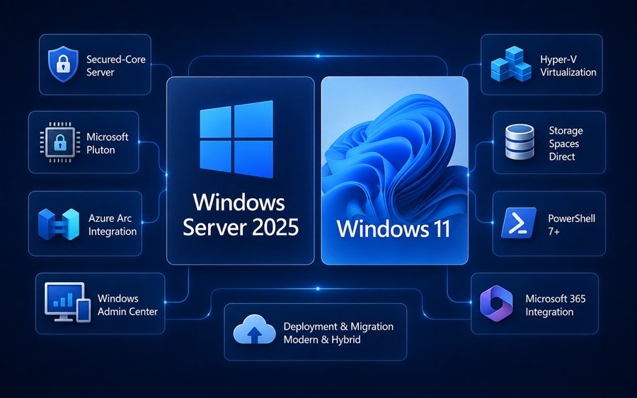 Windows Server 2025 und Windows 11 Produktkacheln mit Neuerungen zu Sicherheit, Azure Arc, Hyper-V und Microsoft 365